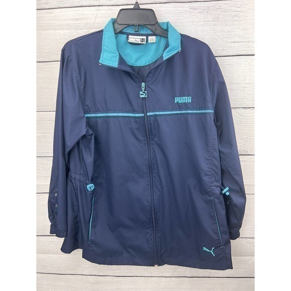 Puma Lightweight Fill Zip Windbreaker‎ Jacket Navy Blue Turquoise Medium - Picture 1 of 10